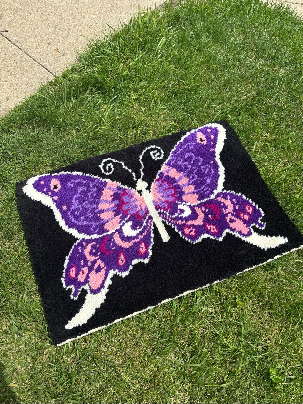 Vintage handmade purple butterfly latchook Purple & Pink Butterfly Accent Rug